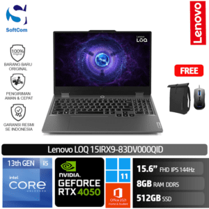 Lenovo LOQ 15IRX9-83DV000QID /Core i5-13450HX/8GB/512GB SSD/GeForce RTX 4050 6GB/15.6″ FHD 144Hz/Win 11 Home+OHS 2021/Luna Grey