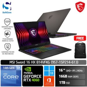MSI Sword 16 HX B14VFKG (9S7-15P214-613) /Core i7-14650HX/16GB/1TB SSD/GeForce RTX 4060 8GB/16" QHD+ 240Hz/Win 11 Home+OHS 2021/Cosmos Gray