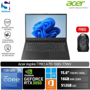 Acer Aspire 7 PRO A715-59G-77WV/Intel Core i7-13620H/16GB/512GB SSD/GeForce RTX 3050 6GB/15.6" FHD 144Hz/Win 11 Home+OHM 2024+M365/Titanium Black