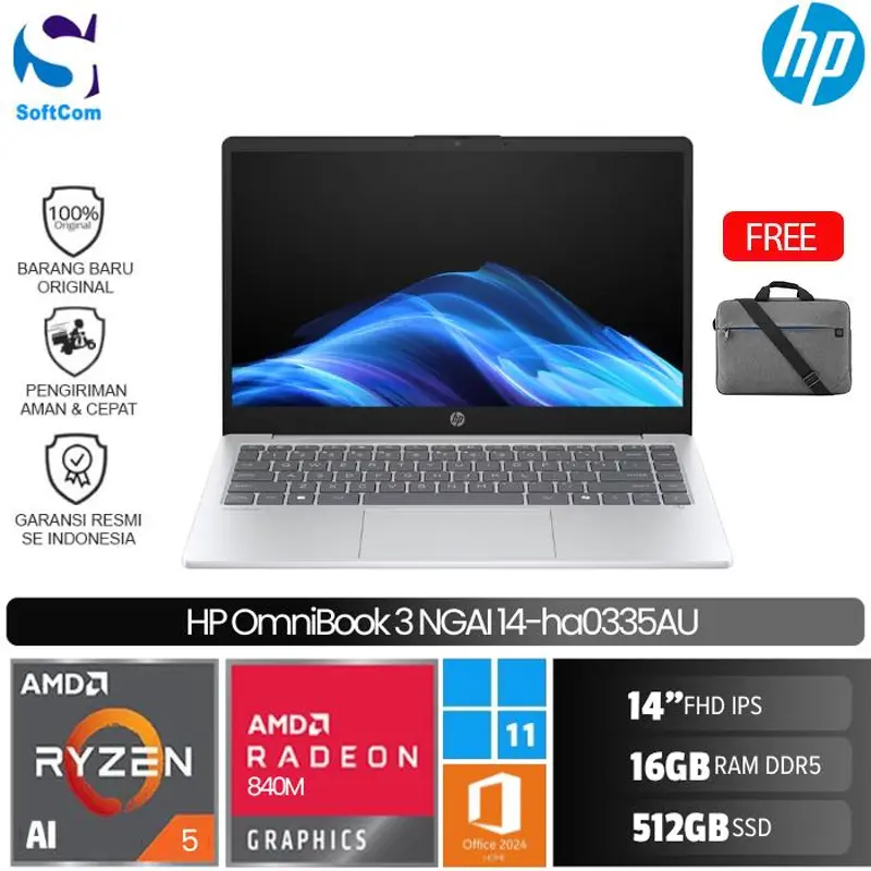 HP OmniBook  3 Next Gen AI 14-ha0335AU/Ryzen AI 5-340/16GB/512 GB SSD/14" FHD IPS/Win 11 Home+OHM 2024+M365/Glacier Silver