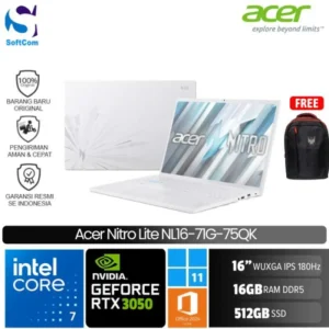 Acer Nitro Lite NL16-71G-75QK/Intel Core 7 240H/16GB/512GB SSD/GeForce RTX 3050 6GB/16" WUXGA 180Hz/Win 11 Home+OHM 2024+M365/Pearl White